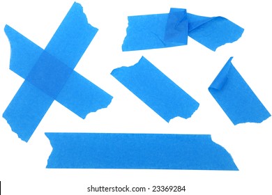 Strips Of Blue Masking  Or Paint Tape Over White Background.