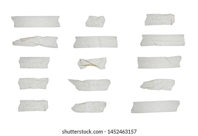 Strips of clear masking tape. Set of various adhesive tape pieces on white background. Paper tape texture. Wrinkled sellotape.  Isolated clear  transparent sellotape.  Ripped duck  strip.