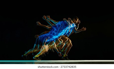 Stroboscopic sprint phase with layered runner silhouettes on black background. Concept of peak acceleration, forward momentum, muscular coordination, and high intensity athletic performance.