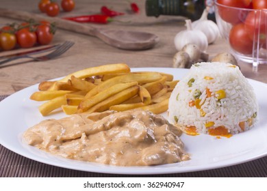 Strogonoff. Stroganoff with Fillet mignon, Milk cream, tomato sauce with french fries and rice.