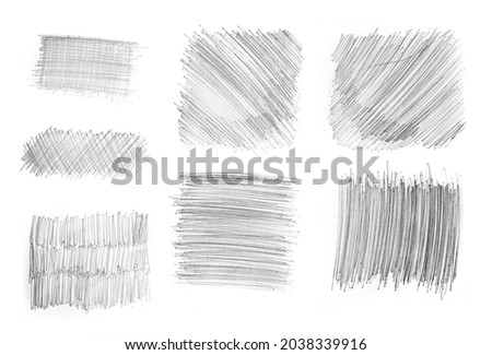 Stroke line or shape sketching with pencil. Handmade. Abstract textures on white background. Childish art.