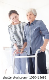 Stroke Patient Use Walker, Asian Old Female Train Use Walker With Care Giver, Walk Training 