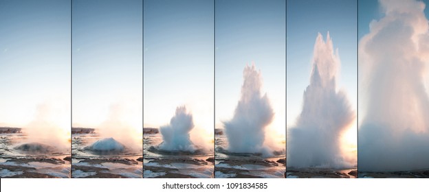 Strokkur Geyser Erupting Against Sunset In Iceland (burst Mode)