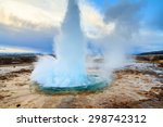 The Strokkur Geyser erupting at the Haukadalur geothermal area, part of the golden circle route, in Iceland