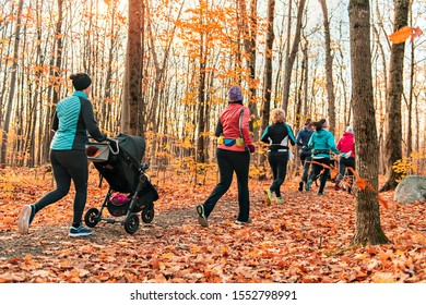 Stroller Woman Group Out Running Together In An Autumn Park They Run A Race Or Train In A Healthy Outdoors Lifestyle Concept