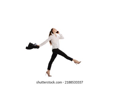 Strolling And Talking On Phone. Happy Business Woman Dancing And Smiling Isolated Over White Background. Emotions, Finance, Aspiration, Business, Job Concept.