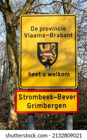 Strombeek Bever, Flemish Brabant Region, Belgium - 03 06 2022: Road sign of the Flemish Brabant Region with a black lion and a yellow background