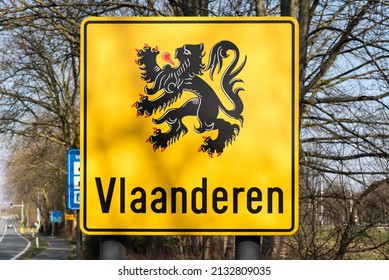 Strombeek Bever, Flemish Brabant Region, Belgium - 03 06 2022: Yellow background sign indicating the Flemish Region with a black lion