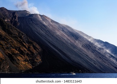 Stromboli volcano. The Stream of Fire (Sciara del Fuoco in Italian) marks the path of the lava flows that occur during Stromboli’s eruptions, Aeolian Islands, Sicily, Italy.