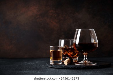 Strong alcohol drink. Whisky, rum, tequila, cognac