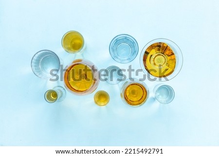 Strong alcohol set. Hard alcoholic drinks in glasses in assortment