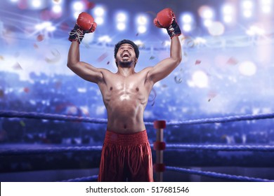 Strong asian man boxer in boxing gloves celebrate his winning in the boxing ring