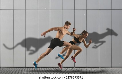 Strong athletic man and woman running on wall background wearing in sportswear. Sport and fitness motivation - Shutterstock ID 2179393591