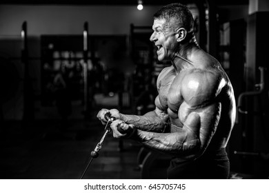 Strong Athletic Men Pumping Up Muscles And Train In Gym Workout Bodybuilding On Diet Concept Background - Muscular Bodybuilder Handsome Man Doing Exercises Naked Torso