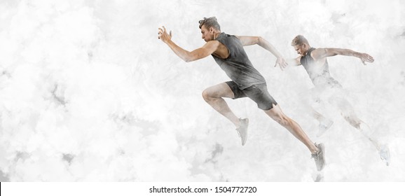 Strong athletic men sprinter running on white smoke background wearing in sportswear. Sport and fitness motivation
