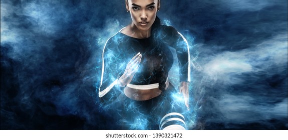 Strong athletic, woman sprinter or runner. Girl wearing in the sportswear runing outdoor. Fitness, sport motivation concept with copy space. Run in energy power. - Powered by Shutterstock