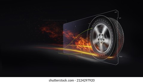 Strong Auto Tires Modern Diagnosis. Burning Car Tire At High Speed