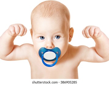 Strong Baby With Pacifier Raising Up Arms, Sport Kid Over White