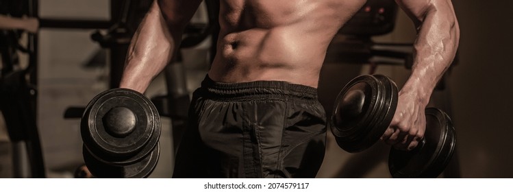 Strong Bodybuilder In The Gym. Man Working Out With Dumbbell. Athlete In The Gym Training With Dumbbells. Abs And Biceps. Muscular Man On Gym Background With Dumbbell