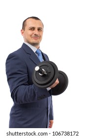 Strong business man with dumbbell isolated on a white background