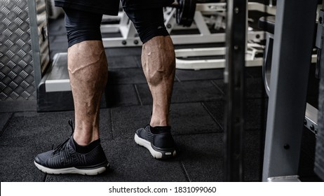 strong calves of young active athlete male in sneakers standing in sport fitness gym near exercise equipment