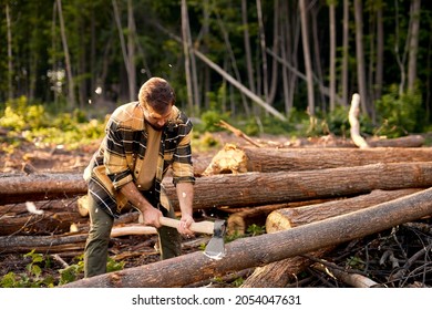 Strong caucasian Male holding heavy ax. Axe in lumberjack hands chopping or cutting wood trunks. Hipsterman in casual plaid checkered shirt working alone in forest at summer evening, side view