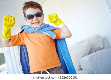 Strong, child and smile of superhero in home to play fantasy game on halloween. Happy, cute boy or hero with power in creative costume to fight for justice, confident and flex muscle in living room - Powered by Shutterstock