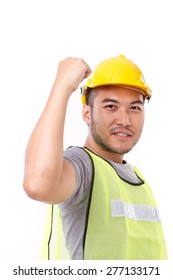 Strong And Confident Contruction Worker On White Background