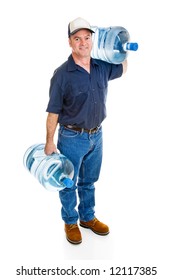 Strong Delivery Man Carrying Two Five Gallon Water Bottles.  Full Body Isolated On White.