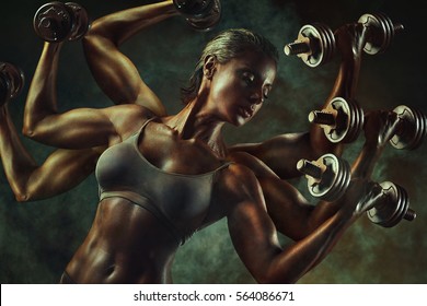 Strong Fantasy Woman Bodybuilder With Many Hands And Dumbbells. Super Power And Sports Working And Motivation Concept.