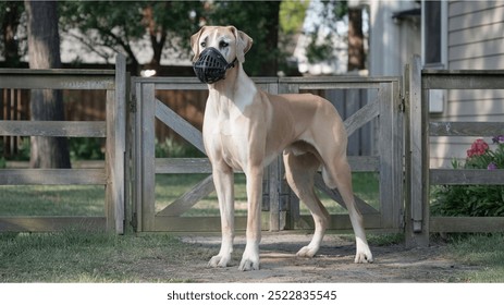 A strong Great Dane standing tall beside a wooden fence in a yard, showcasing its protective instincts and commanding presence. - Powered by Shutterstock