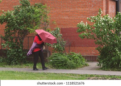 A Strong Gusty Wind In The City. Man Is Opposed To The Elements. Bending Trees, A Hurricane.