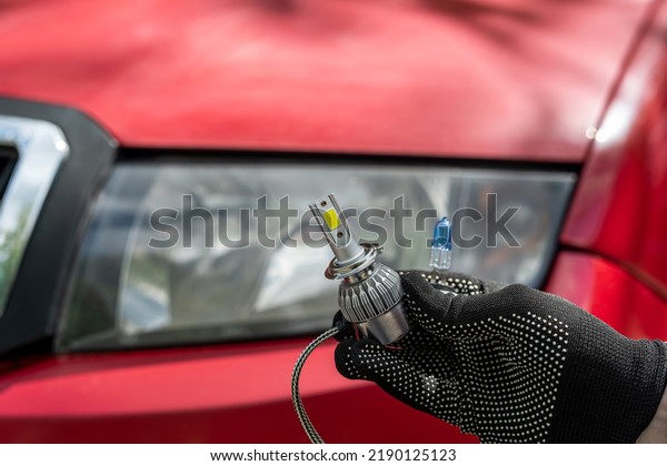 a strong hand in a glove holds two gelagon lamps\
against the background of a car headlight. Car repair concept. A\
professional works