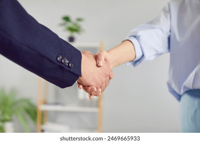 Strong handshake between professionals in corporate environment as symbol of trust and partnership. Close up of handshake between two professionals against background of blurred modern office interior - Powered by Shutterstock