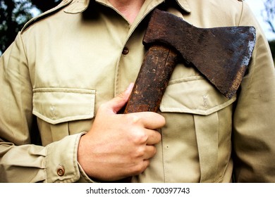 Strong Handsome Man Holding Axe, Hipster Rustic Woodcutter With Old Wooden Axe Close-up, Maniac Lumberjack Holding Axe Weapon, Horror Concept