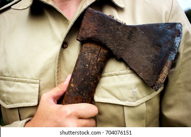 Strong Handsome Man Holding Axe, Hipster Rustic Woodcutter With Old Wooden Axe Close-up, Maniac Lumberjack Holding Axe Weapon, Horror Viking Concept