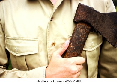 Strong Handsome Man Holding Axe, Hipster Rustic Woodcutter With Old Wooden Axe Close-up, Maniac Lumberjack Holding Axe Weapon, Horror Viking Concept