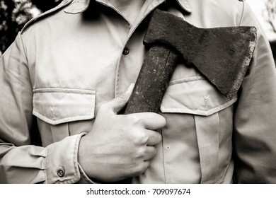 Strong Handsome Man Holding Axe, Hipster Rustic Woodcutter With Old Wooden Axe Close-up, Maniac Lumberjack Holding Axe Weapon, Horror Viking Concept