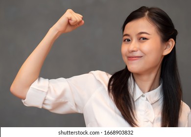 Strong And Healthy Woman, Portrait Of Confident Strong Healthy East Asian Woman Posing Add Oil Pose