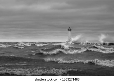 Strong High Wind Cold Crashing Waves, Sodus Point, Lake Ontario. Sodus Point Lighthouse Wayne County New York.