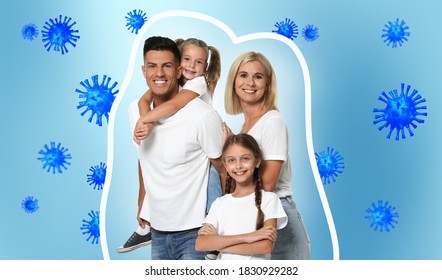 Strong immunity - healthy family. Happy parents with children protected from viruses and bacteria, illustration - Shutterstock ID 1830929282