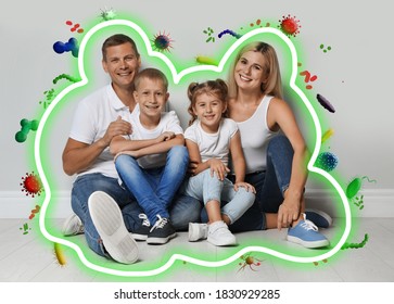 Strong immunity - healthy family. Happy parents with children protected from viruses and bacteria, illustration - Shutterstock ID 1830929285