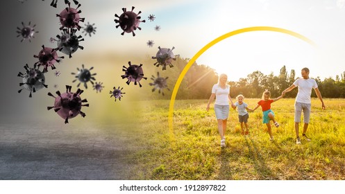 Strong Immunity - Healthy Family. Happy Parents With Children Protected From Viruses And Bacteria, Illustration