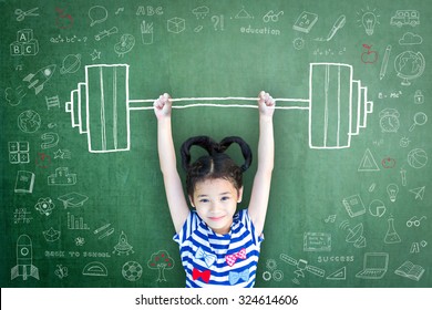 Strong kid with weight lifting doodle on school chalkboard for equal opportunity awareness on gender-children rights, international day of girl child, and sports for development and peace concept - Powered by Shutterstock