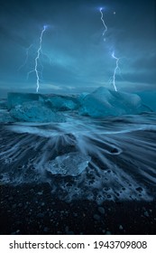 Strong Lightning Storm From Diamond Beach In Iceland