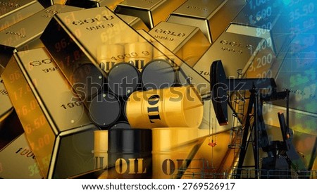 The strong link between the world's two most valuable commodities: oil and gold, illustrates the volatility of gold prices. It includes industrial oil barrels and a pumping rig integrated with gleaming gold bars and fluctuating financial data charts, showcasing the role of these assets as economic indicators, inflation hedges, and pillars of global wealth and stability.