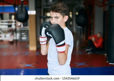 strong little boy standing in boxing positing, going to stike, close up photo