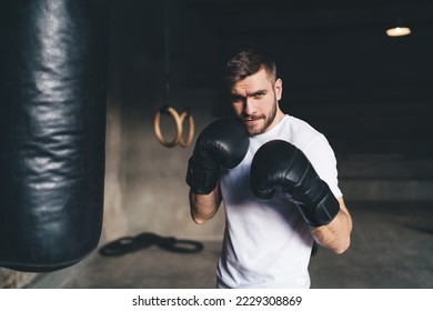 Strong male fighter in boxing gloves looking at camera while aiming to attack punching bag in foreground during workout in gym - Powered by Shutterstock