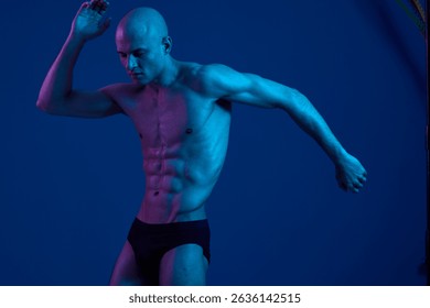 Strong man in black and white, showcasing athletic physique, with dynamic pose and dramatic lighting against a vibrant backdrop, emphasizing strength and movement. - Powered by Shutterstock - Get 15% off with code: PIKWIZARD15
