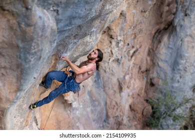 Strong Man Climbs Difficult Climbing Route Stock Photo 2154109935 ...